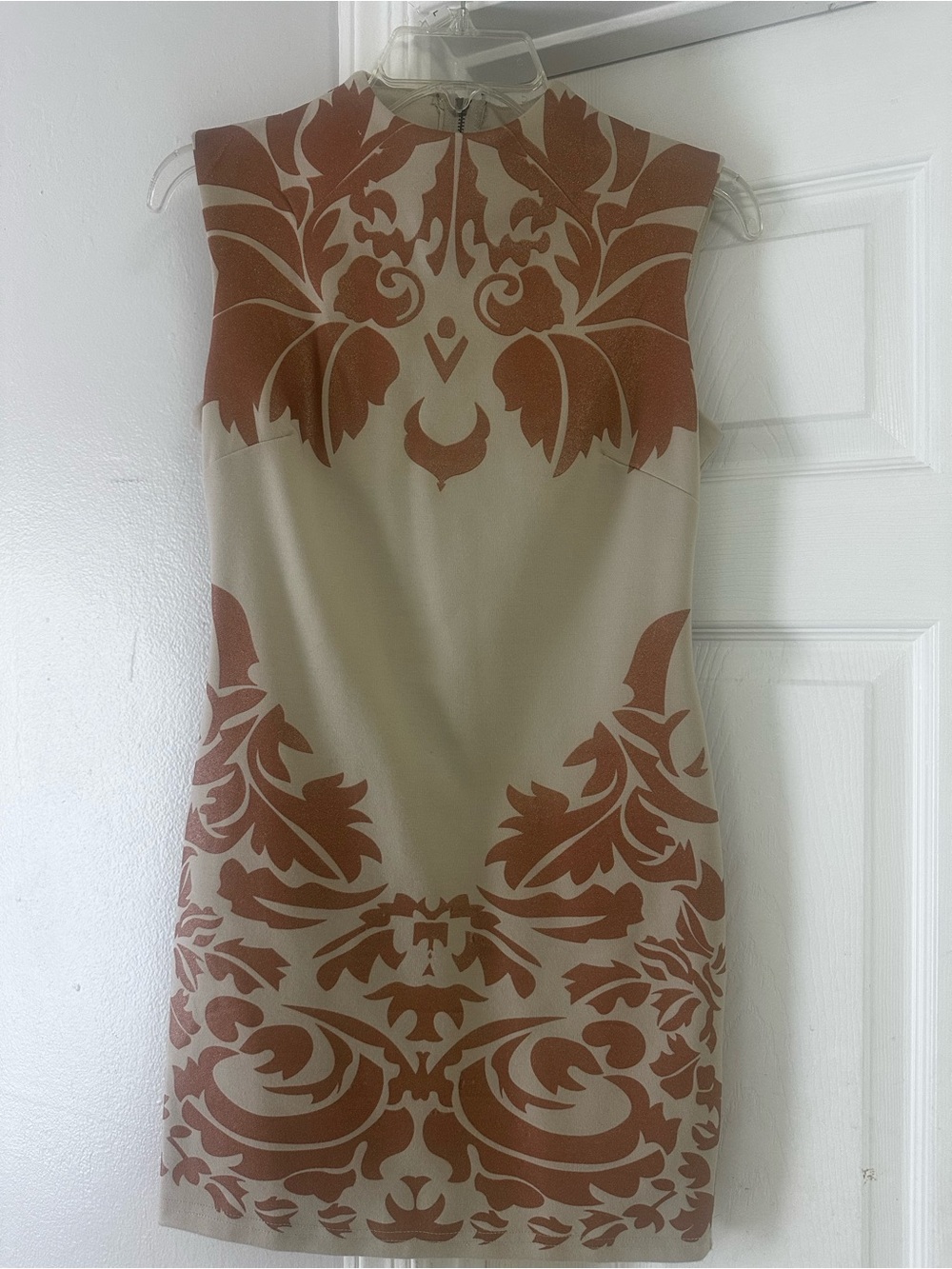 Sleeveless Cream Dress with Rust Baroque Motif